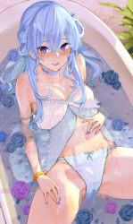 Rule 34 | 1girl, alternate breast size, bath, bathtub, blue choker, blue flower, blue hair, blue nails, blue panties, blue rose, blush, bow, bow panties, bra, breasts, choker, commentary request, cowboy shot, eyes visible through hair, flower, hair between eyes, hand on own stomach, hand on own thigh, hcz n, highres, hololive, hoshimachi suisei, large breasts, long hair, looking at viewer, nail polish, panties, parted lips, petals, petals on liquid, purple eyes, purple flower, purple rose, rose, solo, spread legs, star (symbol), star in eye, symbol in eye, thighs, underwear, virtual youtuber, water, wet, white bra