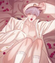Rule 34 | 1boy, bed, blush, cherry, food, fruit, hand up, hat, jin jooha, long hair, looking at viewer, lying, no pants, open clothes, open shirt, pearl boy, pink eyes, sailor hat, shirt, socks, solo, white hair, white shirt, white socks