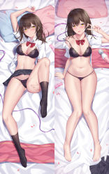 Rule 34 | 1girl, ahoge, arm support, arm up, barefoot, bed, bed sheet, blush, breasts, brown eyes, brown hair, closed mouth, condom, condom packet strip, condom wrapper, dakimakura (medium), female focus, fingernails, full body, hand up, hige wo soru. soshite joshikousei wo hirou., highres, knees together feet apart, legs together, long hair, looking at viewer, lying, multiple views, nail polish, ogiwara sayu, on back, on bed, open mouth, pillow, pink nails, sitting, spread legs, teeth, toenail polish, toenails, toes, upper teeth only, v