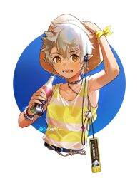 Rule 34 | 1boy, arknights, armpit crease, armpits, artist name, aynoh, border, brown headwear, chestnut (arknights), coca-cola, commentary, commentary request, highres, male focus, medium hair, pointy ears, solo, teeth, upper body, white border, white hair, yellow eyes
