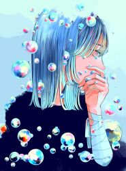 Rule 34 | 1girl, absurdres, bandaged arm, bandages, blue background, blue hair, bubble, covering own mouth, hand over own mouth, hand up, highres, medium hair, original, pink eyes, richard-kun, solo, upper body
