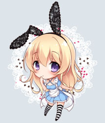 Rule 34 | 1girl, :o, animal ears, apron, ayase hazuki, black thighhighs, blonde hair, blue dress, blush, bow, breasts, card, chestnut mouth, chibi, clubs, criss-cross halter, dress, fake animal ears, frilled apron, frills, full body, grey background, hairband, halterneck, hand to own mouth, lace, lace background, long hair, looking at viewer, open mouth, original, outstretched arm, playing card, purple eyes, rabbit ears, short dress, short sleeves, small breasts, solo, spade, standing, striped clothes, striped thighhighs, thighhighs, very long hair, white thighhighs, zettai ryouiki