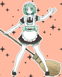 Rule 34 | &gt;:), alternate costume, androgynous, apron, broom, colored skin, enmaided, frills, gender request, green eyes, green hair, houseki no kuni, looking at viewer, maid, maid apron, maid headdress, obi, other focus, phosphophyllite, puffy sleeves, sash, short hair, solo, v-shaped eyebrows, waist apron, white skin