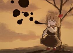 Rule 34 | 1girl, ascot, bare tree, black skirt, black vest, blonde hair, blowing bubbles, bubble, closed eyes, commentary, darkness, ecstasy1919, hair ribbon, highres, red ascot, red footwear, red ribbon, ribbon, rumia, short hair, skirt, skirt set, soap bubbles, solo, suitcase, sunset, touhou, tree, vest