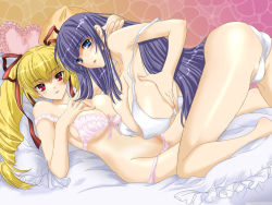 Rule 34 | 2girls, :d, all fours, arm around neck, ass, asymmetrical docking, barefoot, bed, blonde hair, blue eyes, blue hair, blunt bangs, blush, bow, bow bra, bow panties, bra, breast press, breasts, cleavage, covered erect nipples, deep skin, drill hair, frills, fuutou shizune, grabbing, grabbing another&#039;s breast, grabbing own breast, gradient background, groin, hair between eyes, hair ribbon, hand on own chest, heart, heart-shaped pillow, hug, huge breasts, indoors, kinmedai pink, lace, lace-trimmed bra, lace-trimmed panties, lace trim, large breasts, legs, lingerie, long hair, looking at viewer, looking back, lowleg, lowleg panties, multiple girls, open mouth, oshioki sweetie, panties, partially visible vulva, pillow, pink bra, pink panties, profile, red eyes, ribbon, shinmeiji rinn, sideboob, sidelocks, skindentation, smile, spread legs, strap slip, twin drills, underboob, underwear, underwear only, very long hair, white bra, white panties, yuri