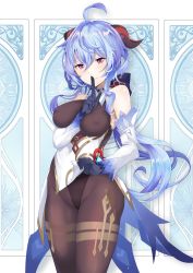 Rule 34 | 1girl, ahoge, bare shoulders, between breasts, blue hair, blush, bodysuit, breasts, covered erect nipples, daive, detached sleeves, finger to mouth, ganyu (genshin impact), genshin impact, gloves, highres, horns, large breasts, leotard, long hair, looking at viewer, pantyhose, purple eyes, shiny clothes, shiny skin, shushing, smile, solo, very long hair