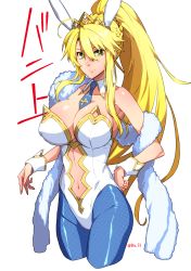 Rule 34 | 1girl, ahoge, animal ears, artoria pendragon (all), artoria pendragon (fate), artoria pendragon (swimsuit ruler) (fate), bare shoulders, blonde hair, blue pantyhose, breasts, cleavage, crown, detached collar, fake animal ears, fate/grand order, fate (series), fishnet pantyhose, fishnets, green eyes, hair between eyes, high ponytail, highres, large breasts, leotard, long hair, looking at viewer, navel, necktie, pantyhose, playboy bunny, rabbit ears, sami (object dump), simple background, smile, solo, standing, very long hair, white background, wrist cuffs
