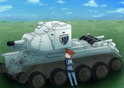 Rule 34 | 10s, 1girl, artist request, bad id, bad pixiv id, brown eyes, brown hair, bt-42, cloud, emblem, girls und panzer, grass, highres, keizoku (emblem), keizoku military uniform, mikko (girls und panzer), military, military vehicle, motor vehicle, one eye closed, short twintails, sky, smile, tank, twintails