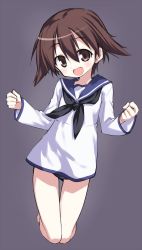 Rule 34 | 1girl, bad id, bad twitter id, blouse, blue sailor collar, brown eyes, brown hair, clenched hands, full body, grey background, head tilt, highres, kneeling, long sleeves, looking at viewer, miyafuji yoshika, no pants, open mouth, sailor collar, school uniform, shirt, short hair, simple background, smile, solo, strike witches, swimsuit, swimsuit under clothes, take shinobu, w arms, white shirt, world witches series