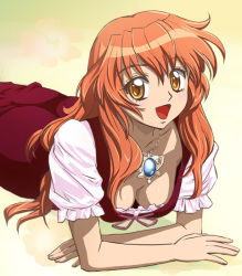 Rule 34 | 1girl, breasts, cleavage, downblouse, dress, firiel dee, frills, gradient background, hanging breasts, haruyama kazunori, jewelry, large breasts, long hair, lying, necklace, nishi no yoki majo, on stomach, orange hair, pendant, red hair, smile, solo, the pose, yellow eyes