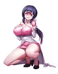 Rule 34 | 1girl, black hair, blush, breasts, cleavage, convenient leg, cyclops, full body, heart, heart-shaped pupils, high heels, highres, hitomi (hitomi sensei no hokenshitsu), hitomi sensei no hokenshitsu, jinyuan712, lab coat, large breasts, long hair, manaka hitomi, monster girl, one-eyed, open mouth, pink eyes, school nurse, shoe dangle, simple background, smile, solo, squatting, symbol-shaped pupils, white background