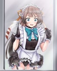 Rule 34 | 1girl, absurdres, alternate costume, apron, aqua bow, aqua bowtie, artist name, black dress, black gloves, black panties, blue eyes, blush, bow, bowtie, brown hair, buttons, dated, dress, enmaided, gloves, gluteal fold, groin, highres, kantai collection, kazagumo (kancolle), long hair, maid, maid apron, maid headdress, open mouth, panties, ponytail, puffy short sleeves, puffy sleeves, short sleeves, signature, solo, thighhighs, tk8d32, underwear, white apron