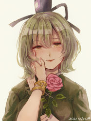 Rule 34 | 2girls, blush, bracelet, dated, dress, flower, green dress, green eyes, green hair, hand on another&#039;s face, hat, holding, holding flower, holding hands, jewelry, looking at viewer, m (neteitai10), multiple girls, rose, simple background, smile, soga no tojiko, tate eboshi, touhou, toyosatomimi no miko