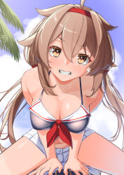 Rule 34 | 1girl, adapted costume, ayuman, bikini, black bikini, blue sky, breasts, brown eyes, brown hair, cleavage, cloud, cowboy shot, day, grin, hair flaps, hairband, highres, kantai collection, large breasts, long hair, looking at viewer, official alternate costume, outdoors, palm tree, red hairband, shiratsuyu (kancolle), shiratsuyu kai ni (kancolle), shorts, sky, smile, solo, straddling, swimsuit, tree, white shorts