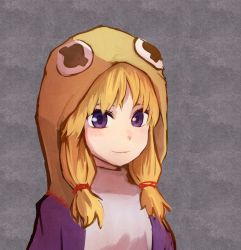 Rule 34 | 1girl, adapted costume, alternate eye color, blonde hair, closed mouth, commentary request, flat chest, grey background, highres, hood, hood up, looking at viewer, medium hair, moriya suwako, parka, portrait, purple eyes, smile, solo, touhou, yan pai