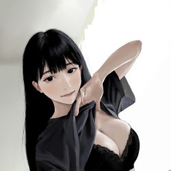 Rule 34 | 1girl, absurdres, bad id, bad pixiv id, black bra, black eyes, black hair, black shirt, blouse, bra, breasts, cleavage, closed mouth, clothes lift, commentary, highres, hiramedousa, lifting own clothes, lingerie, lips, long hair, looking at viewer, medium breasts, original, realistic, revision, shirt, shirt lift, solo, symbol-only commentary, t-shirt, underwear, upper body