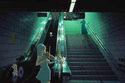 Rule 34 | 1boy, 1girl, cat, dress, escalator, flute, instrument, mouse (animal), original, photo background, stairs, subway, too many, too many cats, violin, vofan