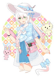 Rule 34 | 1girl, absurdres, bag, blue bow, blue capelet, blue dress, blue ribbon, blush, bow, braid, can, capelet, cat tail, dress, energy drink, eyes visible through hair, fang, floral print, gradient hair, green eyes, hair between eyes, hair ornament, hair over shoulder, hair ribbon, hand up, hat, hat bow, highres, holding, long hair, mario (series), monster energy, multicolored hair, nekoyanagi (azelsynn), nintendo, open mouth, original, pink hair, plaid, plaid bow, pleated dress, print capelet, ribbon, shoulder bag, solo, sun hat, super mushroom, tablet pc, tail, tail bow, tail ornament, very long hair, white background, white hair, white hat