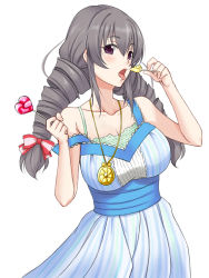 Rule 34 | 10s, 1girl, bad id, bad pixiv id, blush, breasts, candy, cleavage, collarbone, drill hair, food, idolmaster, idolmaster cinderella girls, jewelry, kosuke (bb), large breasts, locket, lollipop, looking at viewer, off shoulder, open mouth, pendant, purple eyes, sakakibara satomi, silver hair, sleeveless, solo, tongue, twin drills, twintails, white background