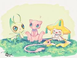 Rule 34 | :d, ?, ^ ^, bad id, bad pixiv id, blue eyes, celebi, closed eyes, creature, creatures (company), full body, game freak, gen 1 pokemon, gen 2 pokemon, gen 3 pokemon, grass, hanenbo, highres, jirachi, legendary pokemon, mew (pokemon), mythical pokemon, nintendo, no humans, open mouth, pokemon, pokemon (creature), signature, sitting, smile