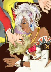Rule 34 | 1boy, 1girl, blonde hair, blue eyes, detached sleeves, earrings, g-zennosuke, jacket, jewelry, johnny garland, long hair, native american, red shirt, shadow hearts, shadow hearts from the new world, shania, shirt, short hair, strapless, tiara, tube top