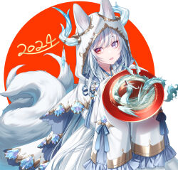 Rule 34 | 1girl, 2024, :d, animal ears, blue eyes, cape, chinese zodiac, cup, dragon, dress, ears through hood, eastern dragon, embroidered dress, fang, fox ears, fox girl, fox tail, grey hair, heterochromia, hood, hood up, hooded cape, long hair, long sleeves, looking at viewer, mini dragon, multiple tails, open mouth, original, red eyes, sagami rin, sakazuki, skin fang, sleeves past fingers, sleeves past wrists, smile, tail, white cape, white dress, wide sleeves, year of the dragon