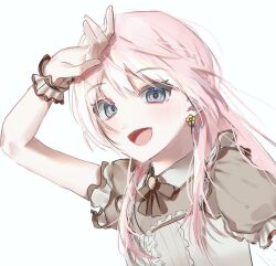 Rule 34 | 1girl, bang dream!, bang dream! it&#039;s mygo!!!!!, blue eyes, brown dress, chihaya anon, dress, earrings, fang, hand up, jewelry, jj 20020, long hair, looking at viewer, open mouth, pink hair, simple background, smile, solo, upper body, white background