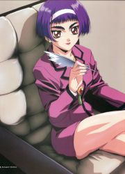 Rule 34 | 1990s (style), 1girl, alternate costume, angel links, blazer, bob cut, brooch, business suit, chair, copyright name, cowboy shot, crossed legs, earrings, eyebrows, formal, from side, hairband, holding, jacket, jewelry, li meifon, lipstick, long sleeves, looking at viewer, makeup, miniskirt, official art, pencil skirt, purple hair, quill, red eyes, retro artstyle, scan, short hair, sitting, skirt, skirt suit, smile, solo, suit, tassel, thick eyebrows, thighs