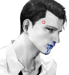 Rule 34 | 1boy, android, blood, blood from mouth, blood on face, blue blood, colored blood, connor (detroit), detroit: become human, greyscale, looking at viewer, male focus, monochrome, par., portrait, shirt, solo