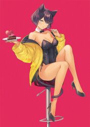 Rule 34 | 1girl, animal ears, bar stool, bare shoulders, black hair, bow, bowtie, breasts, cake, cat ears, cat tail, chocolate cake, cleavage, covered navel, dark-skinned female, dark skin, detached collar, e (eokiba), food, high heels, highres, holding, holding plate, jacket, kittysuit, leotard, medium breasts, no socks, nontraditional playboy bunny, open clothes, open jacket, original, plate, playboy bunny, short hair, side-tie leotard, solo, stool, tail, yellow jacket