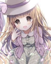 Rule 34 | 1girl, :d, ame usari, bad id, bad pixiv id, blush, bow, breasts, brown eyes, collared dress, commentary request, dress, fingernails, green dress, hand up, hat, hat bow, hat ribbon, head tilt, idolmaster, idolmaster cinderella girls, jacket, light brown hair, long hair, long sleeves, looking at viewer, no nose, open clothes, open jacket, open mouth, plaid, plaid dress, purple bow, purple jacket, purple ribbon, ribbon, simple background, small breasts, smile, solo, very long hair, white background, white hat, yorita yoshino