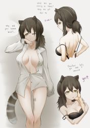 Rule 34 | 1girl, animal ears, arknights, back, barcode, barcode tattoo, black bra, black hair, bottomless, bra, breasts, cleavage, cloverse6, collared shirt, commentary, english commentary, english text, hand on another&#039;s cheek, hand on another&#039;s face, long sleeves, no panties, one eye closed, open clothes, open shirt, ponytail, raccoon girl, robin (arknights), shirt, solo focus, tattoo, underwear, undone bra, yellow eyes