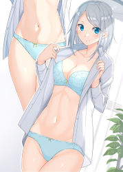 Rule 34 | 1girl, blue bra, blue eyes, blue panties, blush, bow, bow bra, bow panties, bra, breasts, cleavage, collar, collarbone, collared shirt, curtains, dress shirt, floral print, grey hair, highres, long sleeves, looking at viewer, medium breasts, medium hair, multiple views, navel, open clothes, open shirt, original, panties, plant, potted plant, raitho, see-through, shirt, sidelocks, simple background, smile, underwear, white background, white collar, yellow bow