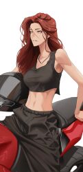 Rule 34 | 1girl, abs, bare shoulders, bead necklace, beads, black tank top, breasts, brown hair, collarbone, commentary, crop top, english commentary, helmet, highres, holding, jewelry, large breasts, long hair, looking at viewer, medium breasts, midriff, motor vehicle, motorcycle, motorcycle helmet, navel, necklace, original, parted lips, red hair, simple background, sitting, solo, stomach, tank top, tbocart, toned, unworn headwear, unworn helmet, white background, yellow eyes