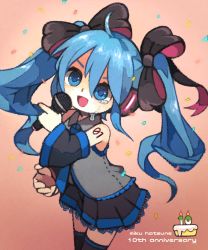 Rule 34 | 1girl, :d, ahoge, anniversary, bad id, bad pixiv id, black bow, black thighhighs, blue eyes, blue hair, blue necktie, bow, cake, candle, collared shirt, confetti, cowboy shot, crying, crying with eyes open, detached sleeves, eyebrows, facing away, fire, food, gradient background, grey shirt, hair between eyes, hair bow, hatsune miku, highres, holding, holding microphone, legs apart, long sleeves, microphone, necktie, number tattoo, open mouth, shirt, shoulder tattoo, single tear, sleeveless, sleeveless shirt, smile, solo, standing, tattoo, tears, thighhighs, twintails, vocaloid, wide sleeves, yukino super, zettai ryouiki