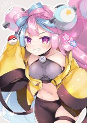 Rule 34 | ball, bow-shaped hair, character hair ornament, creatures (company), game freak, hair ornament, hexagon print, highres, holding, holding ball, holding poke ball, iono (pokemon), jacket, long hair, low-tied long hair, multicolored hair, nintendo, poke ball, poke ball (basic), pokemon, pokemon sv, purinpurin, sharp teeth, sleeves past fingers, sleeves past wrists, split-color hair, teeth, very long sleeves, x, yellow jacket