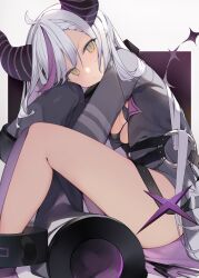 Rule 34 | 1girl, absurdres, ahoge, ankle cuffs, bikini, bikini top only, black bikini, black coat, breasts, closed mouth, coat, collar, commentary, demon girl, demon horns, grey hair, head rest, head tilt, highres, hololive, horns, knees up, la+ darknesss, la+ darknesss (1st costume), legs, long hair, long sleeves, looking at viewer, metal collar, micro bikini, multicolored hair, o-ring, pantyhose, pointy ears, purple hair, purple pantyhose, shin no tenpii, sidelocks, single leg pantyhose, sitting, sleeves past fingers, sleeves past wrists, small breasts, solo, streaked hair, striped horns, swimsuit, symbol-only commentary, virtual youtuber, wide sleeves, yellow eyes