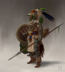 Rule 34 | 1boy, absurdres, animal helmet, armor, aztec, boots, brown footwear, closed mouth, commentary, english commentary, from side, full armor, full body, gauntlets, greaves, helmet, highres, holding, holding shield, holding spear, holding weapon, male focus, manuel castanon, original, pelvic curtain, polearm, sash, shield, solo, spear, standing, weapon