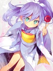 Rule 34 | 10s, 1girl, aqua eyes, blue hair, candy apple, fubukihime, holding, japanese clothes, kimono, long hair, looking at viewer, ponta (aoi), ponytail, smile, solo, youkai watch