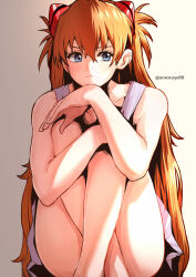 Rule 34 | 1girl, aosora2823, bare shoulders, blue eyes, frown, highres, holding legs, interface headset, long hair, looking at viewer, neon genesis evangelion, solo, souryuu asuka langley, thighs, twintails