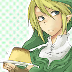 Rule 34 | 1boy, blonde hair, blue eyes, food, gloves, link, lowres, male focus, nintendo, pointy ears, pudding, solo, the legend of zelda
