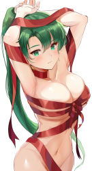 Rule 34 | 1girl, absurdres, armpits, arms up, blush, breasts, cleavage, closed mouth, collarbone, convenient censoring, covered erect nipples, cowboy shot, earrings, fire emblem, fire emblem: the blazing blade, green eyes, green hair, groin, hand on own head, highres, jewelry, large breasts, long hair, looking at viewer, lyn (fire emblem), naked ribbon, navel, nintendo, ormille, ponytail, red ribbon, ribbon, simple background, skindentation, smile, solo, stomach, very long hair, white background