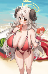 Rule 34 | 1girl, absurdres, ahoge, bare shoulders, beach, bikini, blue archive, blush, breasts, brown eyes, cleavage, collarbone, curled horns, day, dishui tangni, eating, food, food in mouth, front-tie bikini top, front-tie top, fruit, hair ornament, hairclip, halo, highres, holding, holding food, horns, huge breasts, izumi (blue archive), izumi (swimsuit) (blue archive), long hair, o-ring, o-ring bikini, off-shoulder bikini, off shoulder, outdoors, red bikini, side-tie bikini bottom, solo, string bikini, swimsuit, thighs, watermelon, watermelon slice