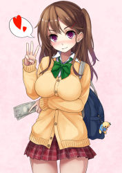 Rule 34 | 1girl, arm under breasts, bag, blush, bow, breast hold, breasts, brown hair, cardigan, collared shirt, cowboy shot, dress shirt, earrings, green bow, hair ornament, hairclip, heart, holding, holding money, jewelry, charm (object), kurenai hanpen, large breasts, long hair, long sleeves, looking at viewer, miniskirt, money, nose blush, one side up, original, pink background, pleated skirt, purple eyes, red skirt, school bag, school uniform, shirt, skirt, sleeves past wrists, smile, solo, speech bubble, spoken heart, stud earrings, sweater, unbuttoned, uniform, white shirt, yellow sweater