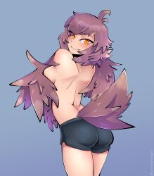Rule 34 | 1girl, absurdres, ahoge, bird tail, black shorts, blue background, blush, breasts, brown feathers, brown hair, brown wings, commentary, crossed arms, english commentary, feathers, harpy, highres, long hair, looking at viewer, looking back, medium breasts, monster girl, orange eyes, original, rawgreen, shorts, sideboob, simple background, slit pupils, smile, solo, tail, topless, vinny the pidgeon harpy, winged arms, wings