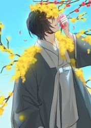 Rule 34 | 1boy, black hair, blue background, coat, commentary request, e.g.o (project moon), flower, gradient background, grey coat, hanbok, highres, holding, holding petal, korean clothes, korean commentary, limbus company, long sleeves, male focus, material growth, petal in mouth, petals, project moon, red flower, red petals, short hair, solo, sp0i0ppp, standing, white hanbok, wide sleeves, yellow flower, yi sang (project moon)