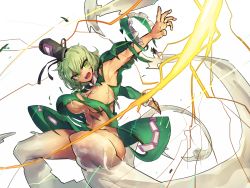 Rule 34 | &gt;:o, 1girl, :o, armpits, breasts, collarbone, convenient censoring, dress, electricity, exploding clothes, female focus, frown, ghost, ghost tail, green dress, green eyes, green hair, hat, large breasts, lightning, long sleeves, matching hair/eyes, melon22, no bra, no panties, open mouth, outstretched arm, short hair, simple background, soga no tojiko, solo, tate eboshi, torn clothes, torn dress, touhou, v-shaped eyebrows, white background