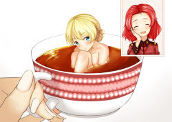 Rule 34 | 10s, 2girls, blonde hair, blue eyes, braid, closed eyes, closed mouth, commentary, cup, darjeeling (girls und panzer), darjeeling tea, girls und panzer, hand on own face, in container, in cup, jacket, long sleeves, looking at viewer, mini person, minigirl, multiple girls, name connection, nude, object namesake, open mouth, red hair, red jacket, rosehip (girls und panzer), short hair, simple background, sitting, smile, st. gloriana&#039;s military uniform, tea, teacup, tianwangsi zongyi, twin braids, white background