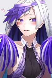 Rule 34 | 1girl, blush, breasts, brynhildr (cheer for master) (fate), brynhildr (fate), cheerleader, cleavage, fate/grand order, fate/prototype, fate/prototype: fragments of blue and silver, fate (series), heart, i-pan, long hair, looking at viewer, parted lips, pom pom (cheerleading), purple eyes, purple hair, smile, solo, visor cap