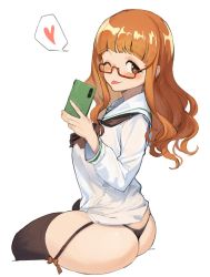 Rule 34 | 10s, 1girl, :p, ass, black neckerchief, black panties, black thighhighs, blouse, blunt bangs, cellphone, chinese commentary, closed mouth, commentary request, cropped legs, garter straps, girls und panzer, glasses, heart, heart-shaped pupils, holding, holding phone, long hair, long sleeves, looking at viewer, looking back, neckerchief, one eye closed, ooarai school uniform, orange eyes, orange hair, panties, phone, red-framed eyewear, school uniform, seinen, semi-rimless eyewear, serafuku, shirt, simple background, sitting, smartphone, smile, solo, spoken heart, symbol-shaped pupils, takebe saori, thighhighs, thighs, thong, tongue, tongue out, under-rim eyewear, underwear, white background, white shirt